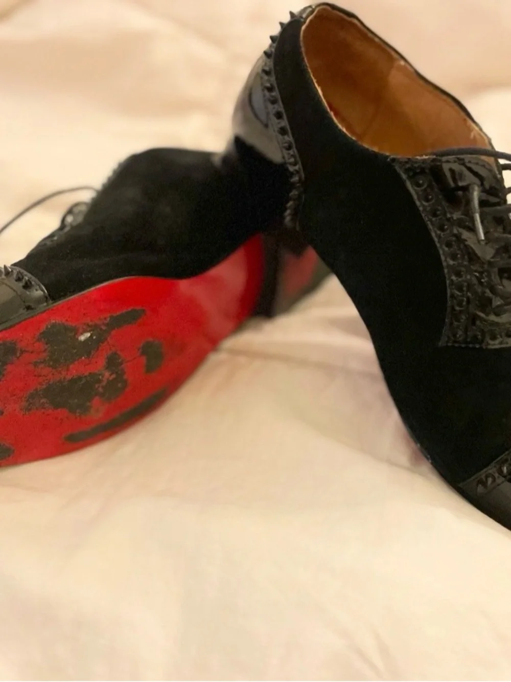 Christian Louboutin Black Suede & Patent Leather Spiked Derby Shoes
